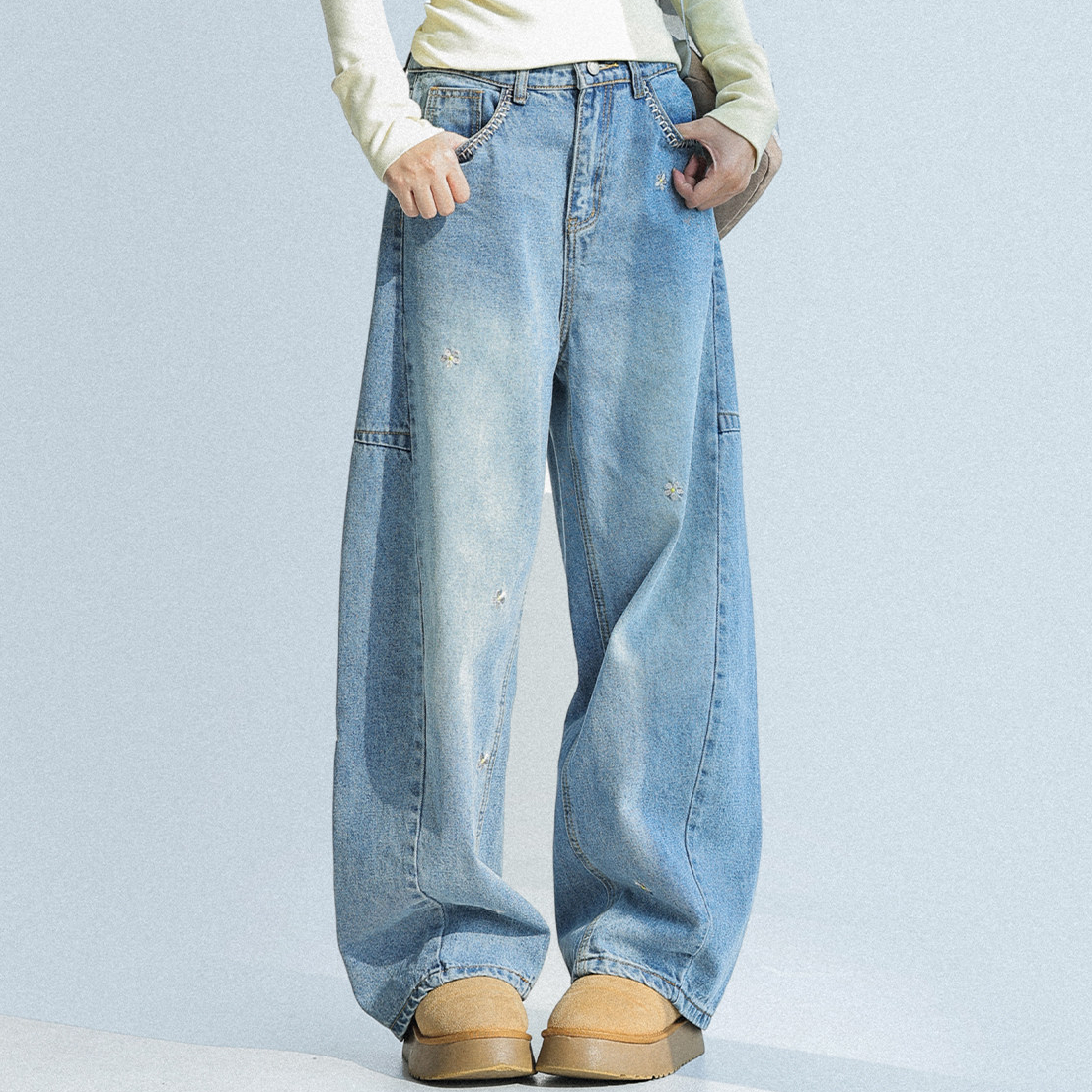 春夏新款花朵刺繡牛仔褲女闊腿寬鬆顯瘦褲子彎刀褲