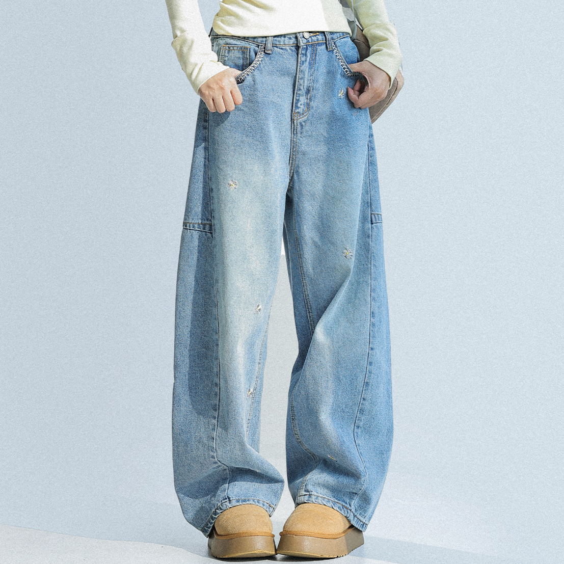 春夏新款花朵刺繡牛仔褲女闊腿寬鬆顯瘦褲子彎刀褲