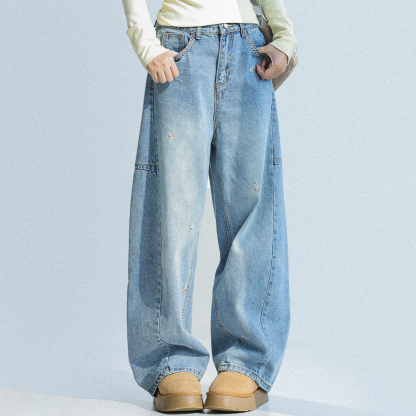 春夏新款花朵刺繡牛仔褲女闊腿寬鬆顯瘦褲子彎刀褲