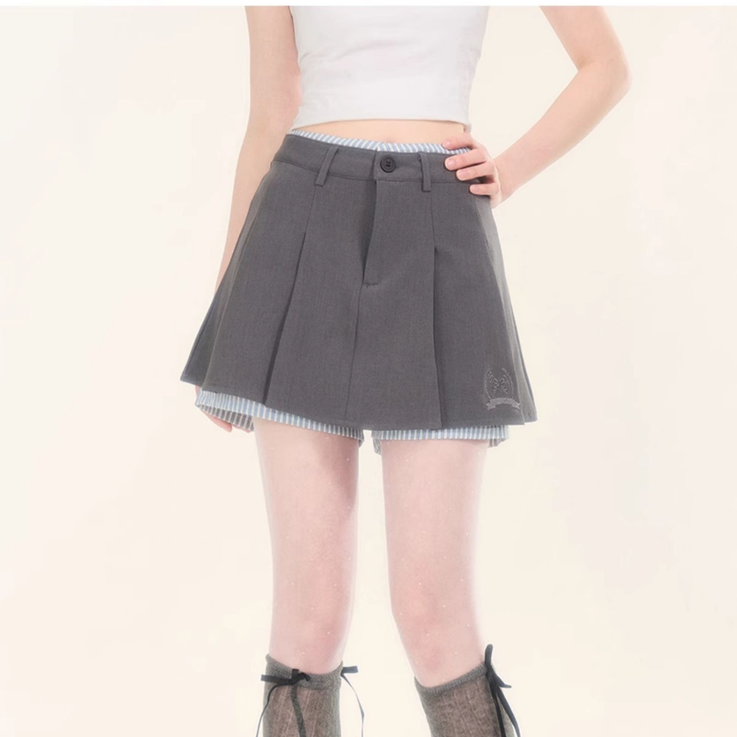 學院風灰色格紋拼接半身裙女夏季高腰顯瘦加兩件百褶短裙