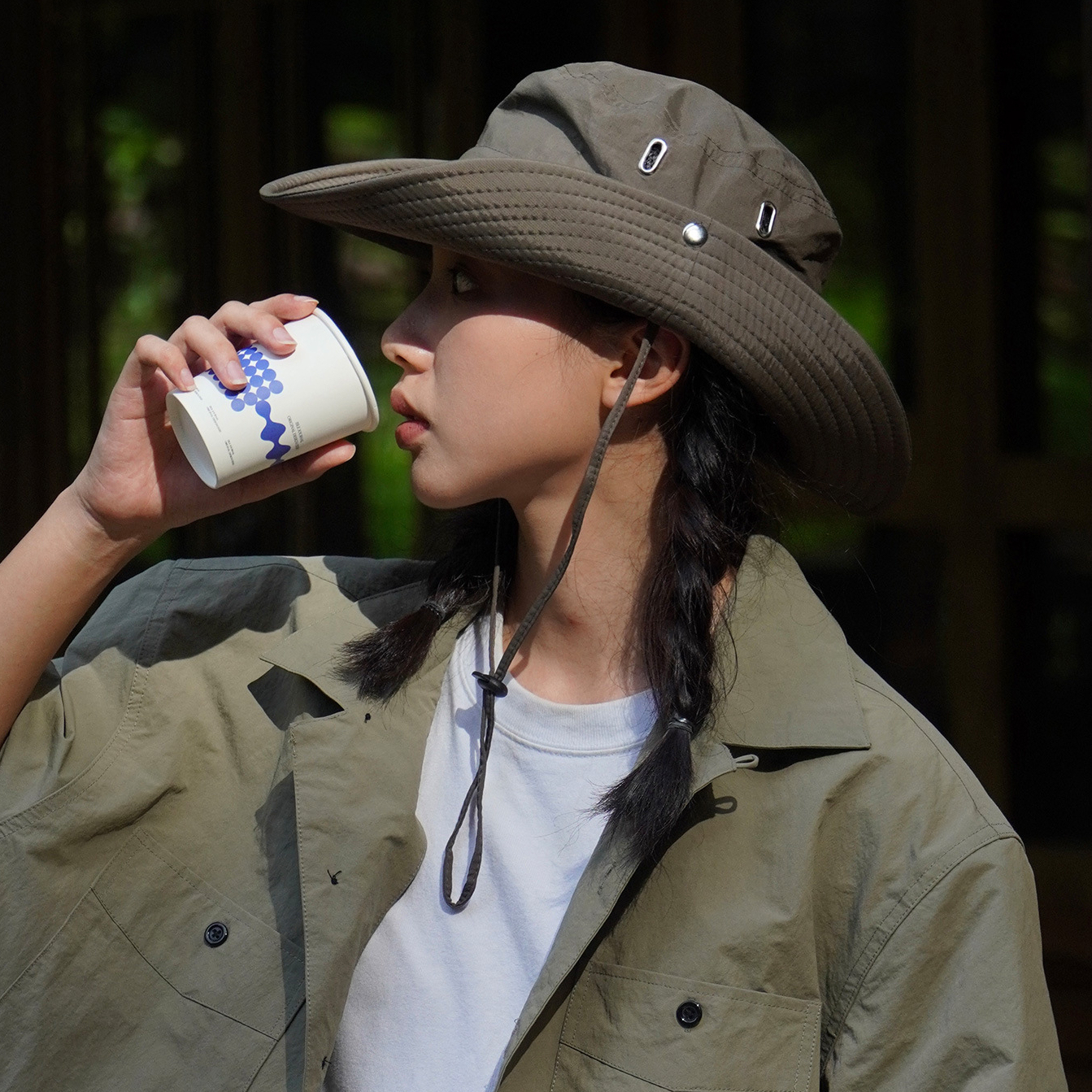 日系潮牌抽繩漁夫帽子女百搭透氣防曬戶外登山釣魚帽西部牛仔帽