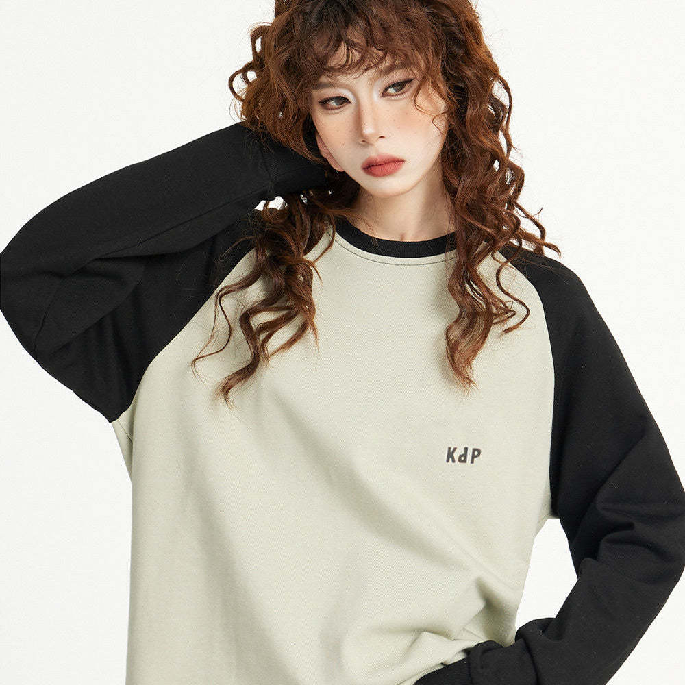 美式插肩長袖t恤女秋冬季早秋寬鬆正肩設計感內搭打底衫長款上衣