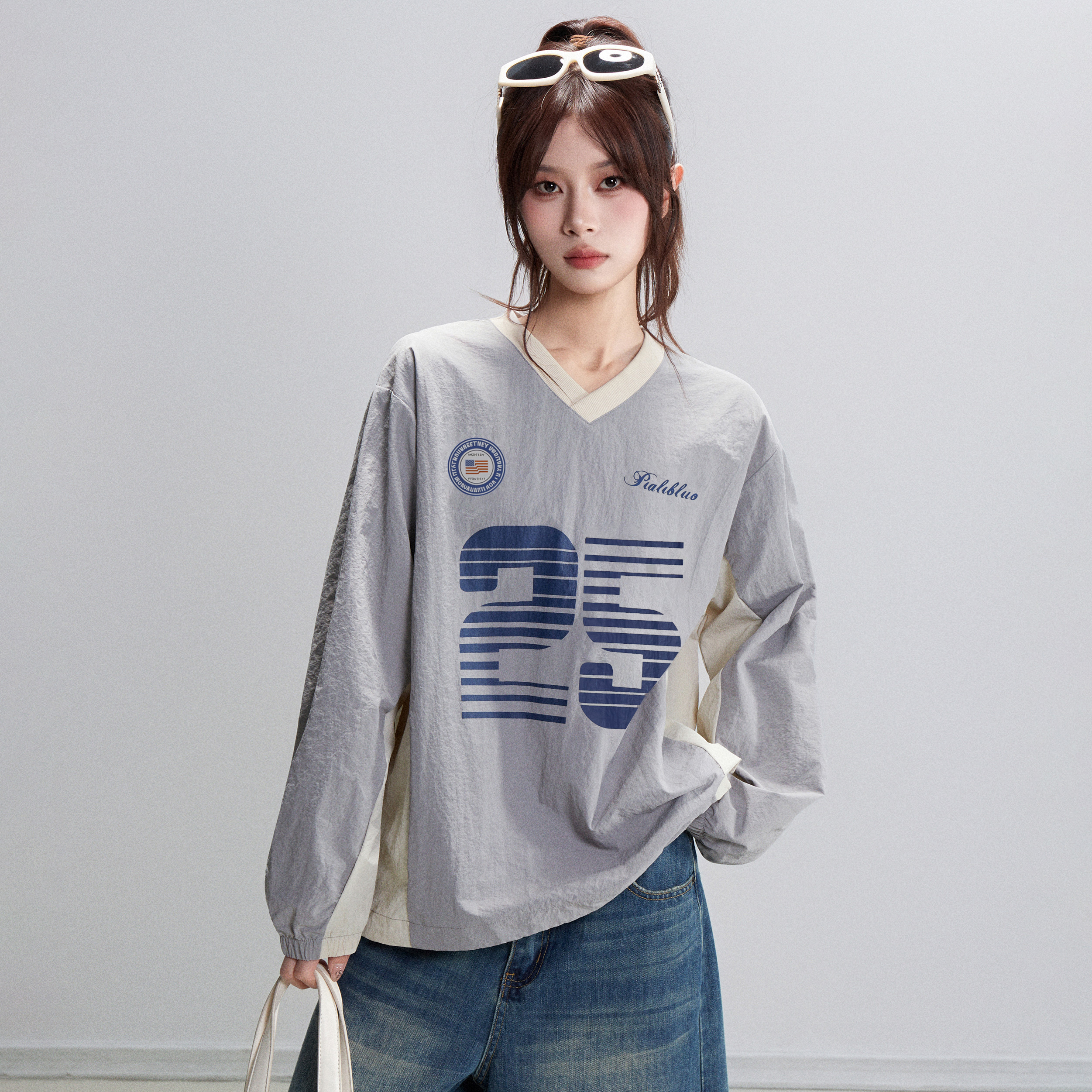 美式復古灰色v領正肩套頭長袖衛衣女秋季寬鬆運動設計感小眾上衣