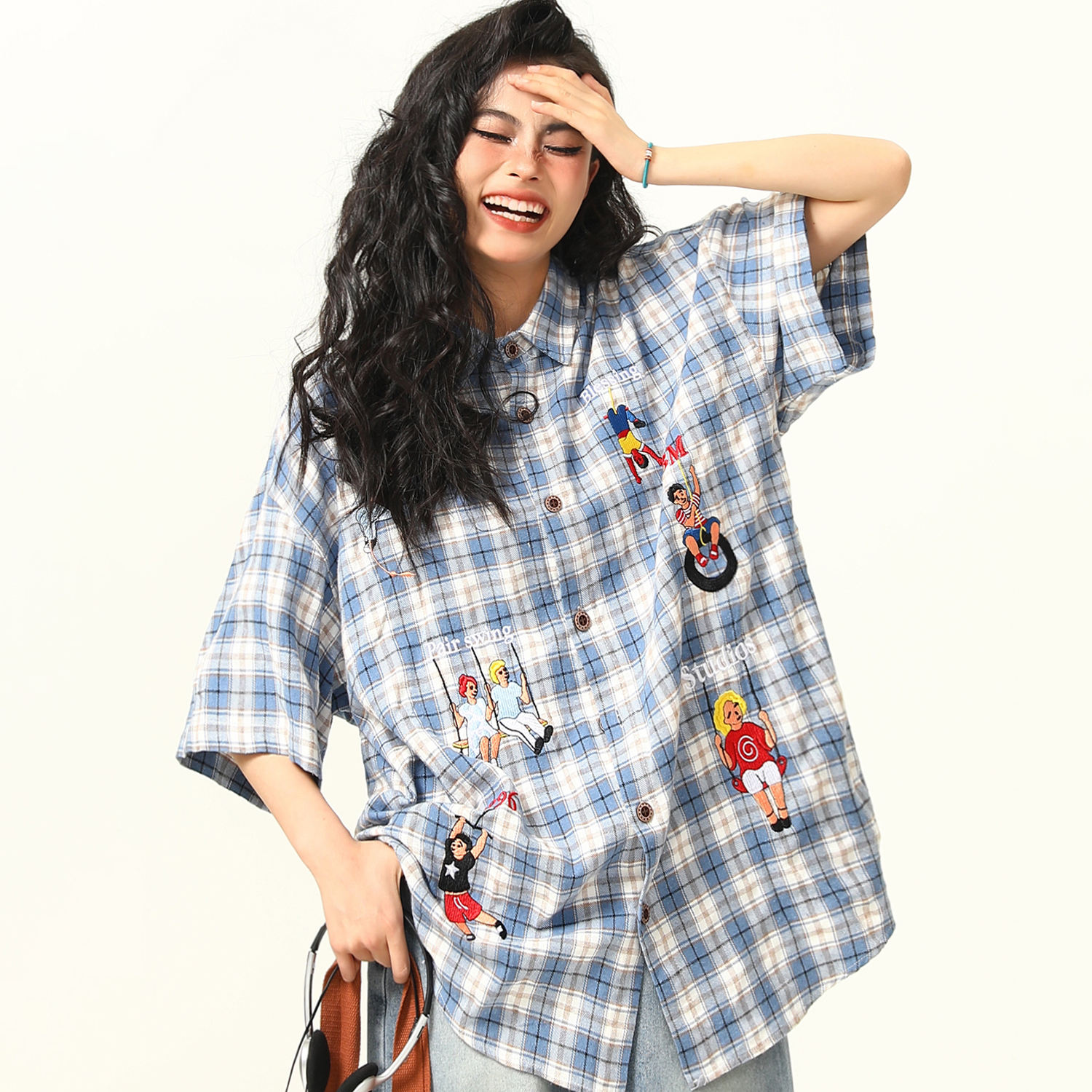 美式復古格子短袖襯衫女刺繡小眾設計感夏季百搭襯衣