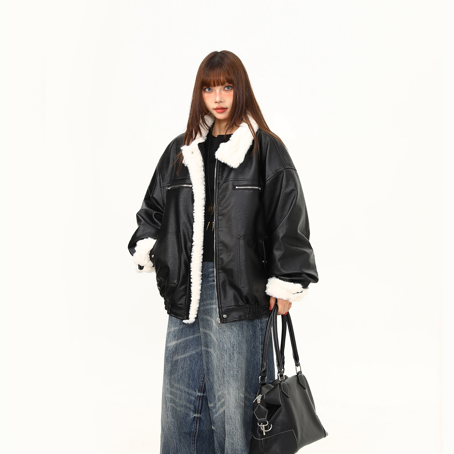 皮毛一體羊羔絨翻領PU皮衣棉服女冬季美式潮牌機車服外套