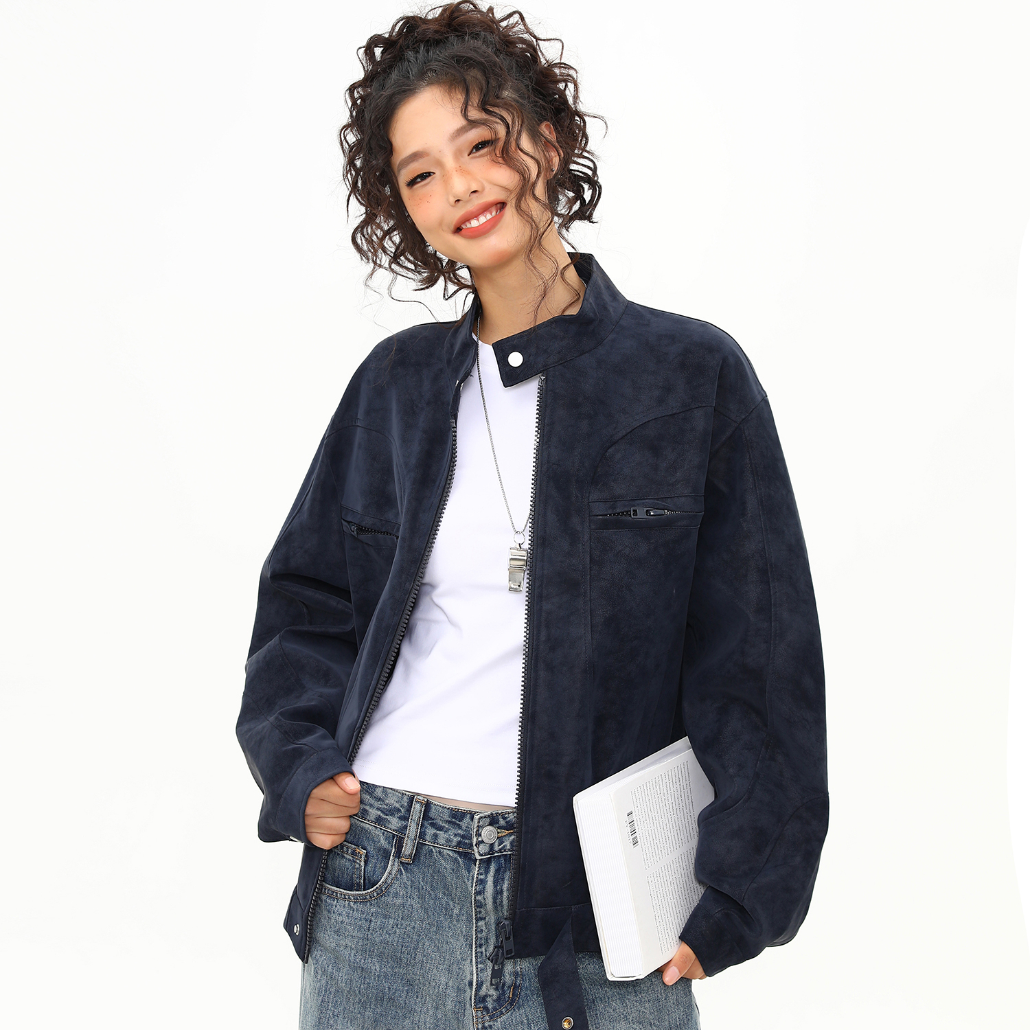 美式街頭潮牌立領PU皮衣外套女秋冬設計感寬鬆機車夾克