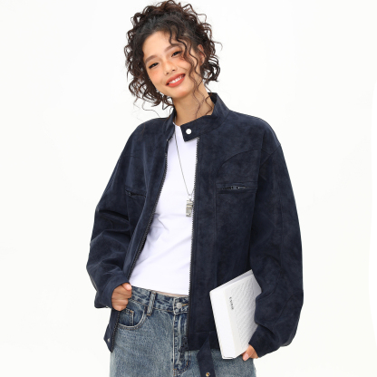 美式街頭潮牌立領PU皮衣外套女秋冬設計感寬鬆機車夾克