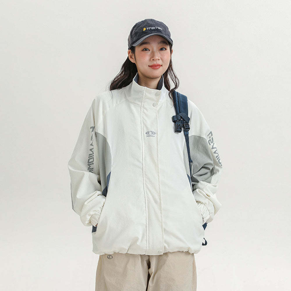 撞色拼接運動外套女春秋2025新款寬鬆設計感休閒立領夾克上衣