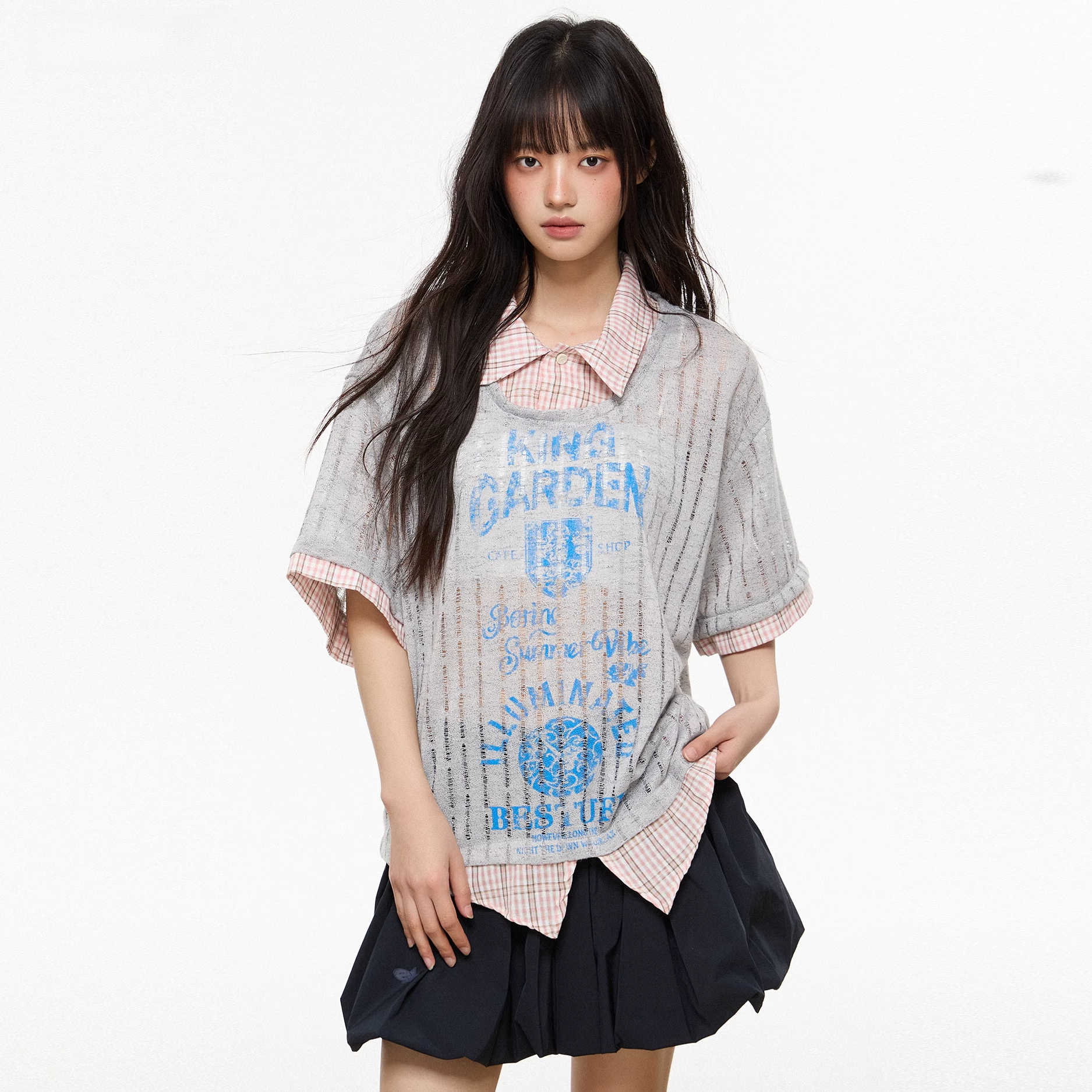 罩衫假兩件短袖t恤女2025夏季新款寬鬆襯衫領氣質套頭上衣女