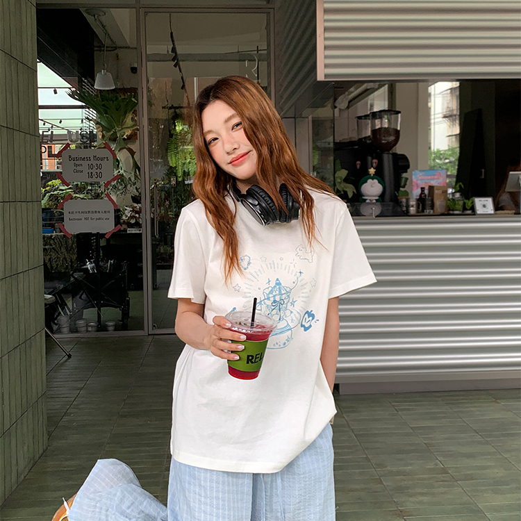 印花短袖t恤女夏新款簡約顯瘦正肩小個子寬鬆上衣