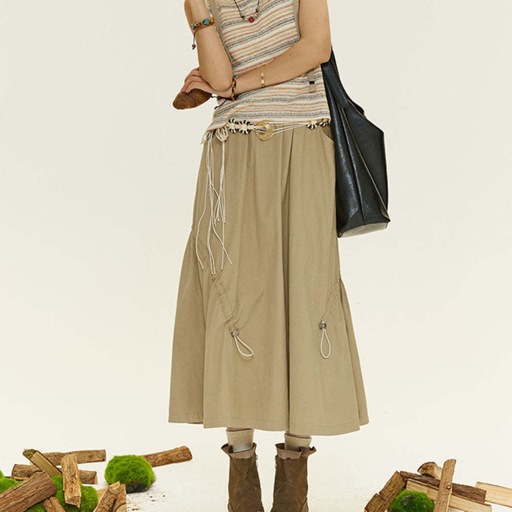 夏季新款設計感錯位抽繩半身裙復古顯瘦A字裙