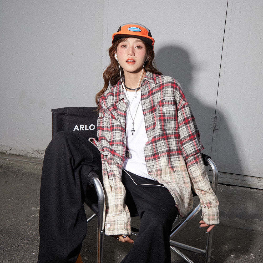美式復古漸變色格子襯衫女高級感別致寬鬆純棉上衣