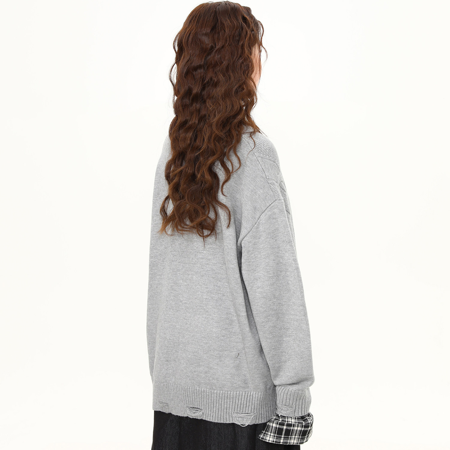 美式復古格子拼接假兩件針織衫毛衣女春秋學院風上衣