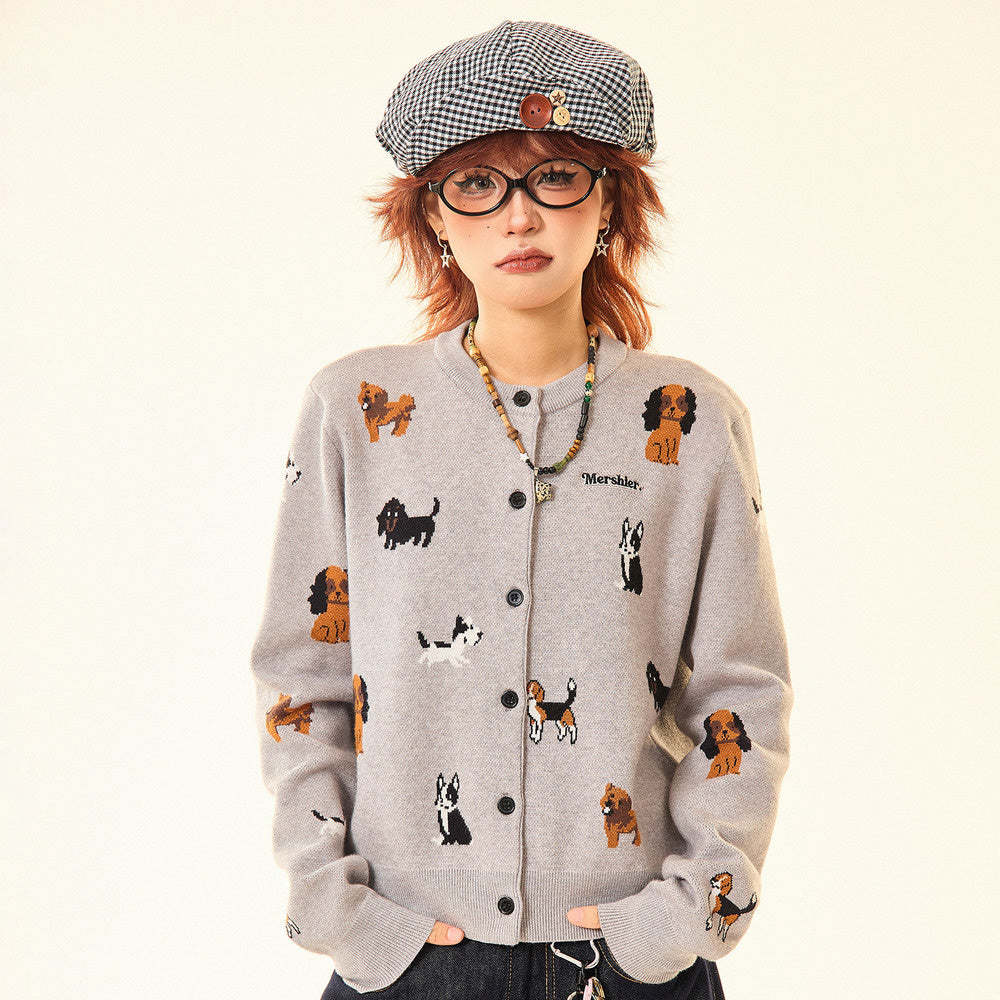 美式復古灰色小狗開衫毛衣女秋冬慵懶風顯瘦針織衫短款外套