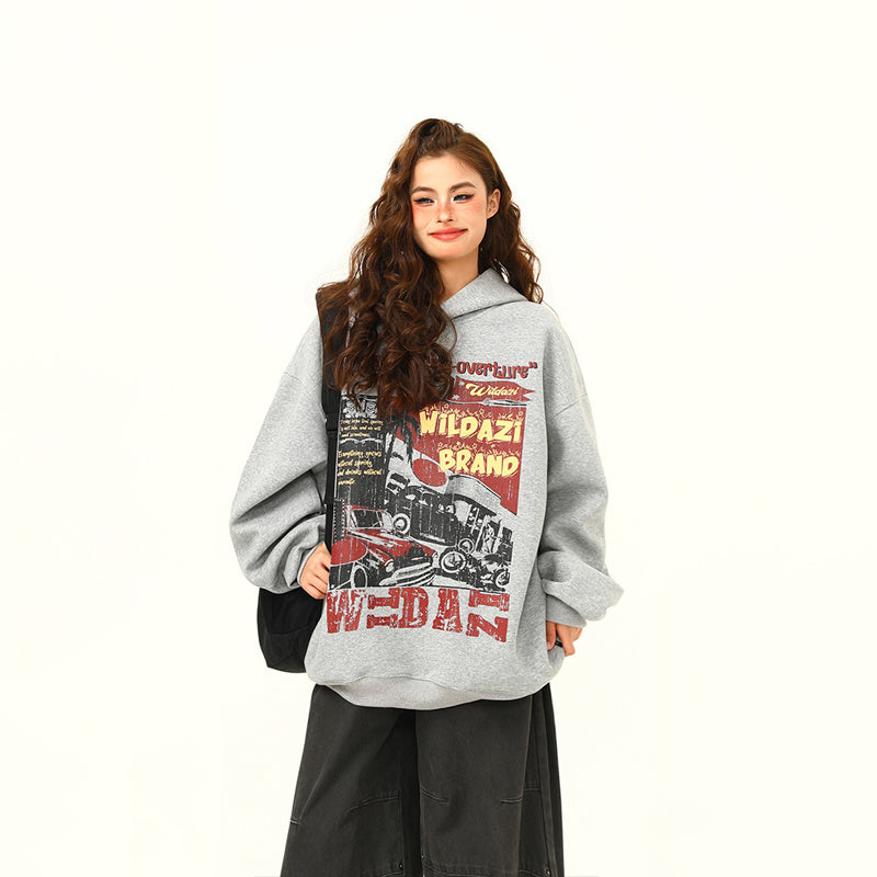 秋冬美式復古小眾印花連帽衛衣女潮牌上衣
