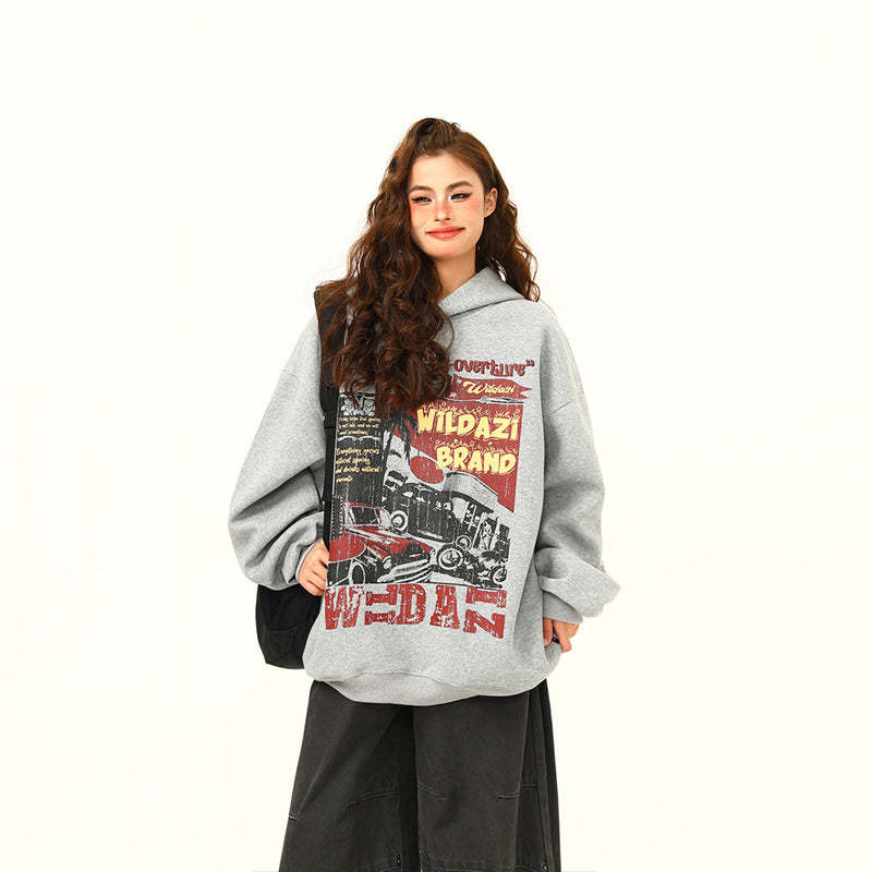 秋冬美式復古小眾印花連帽衛衣女潮牌上衣