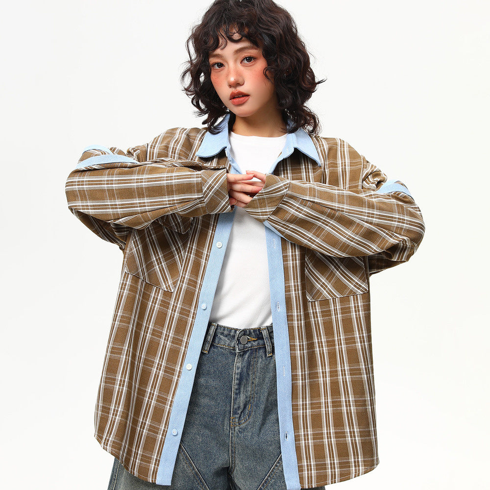 美式復古撞色格子長袖襯衫女春季寬鬆百搭格紋襯衣