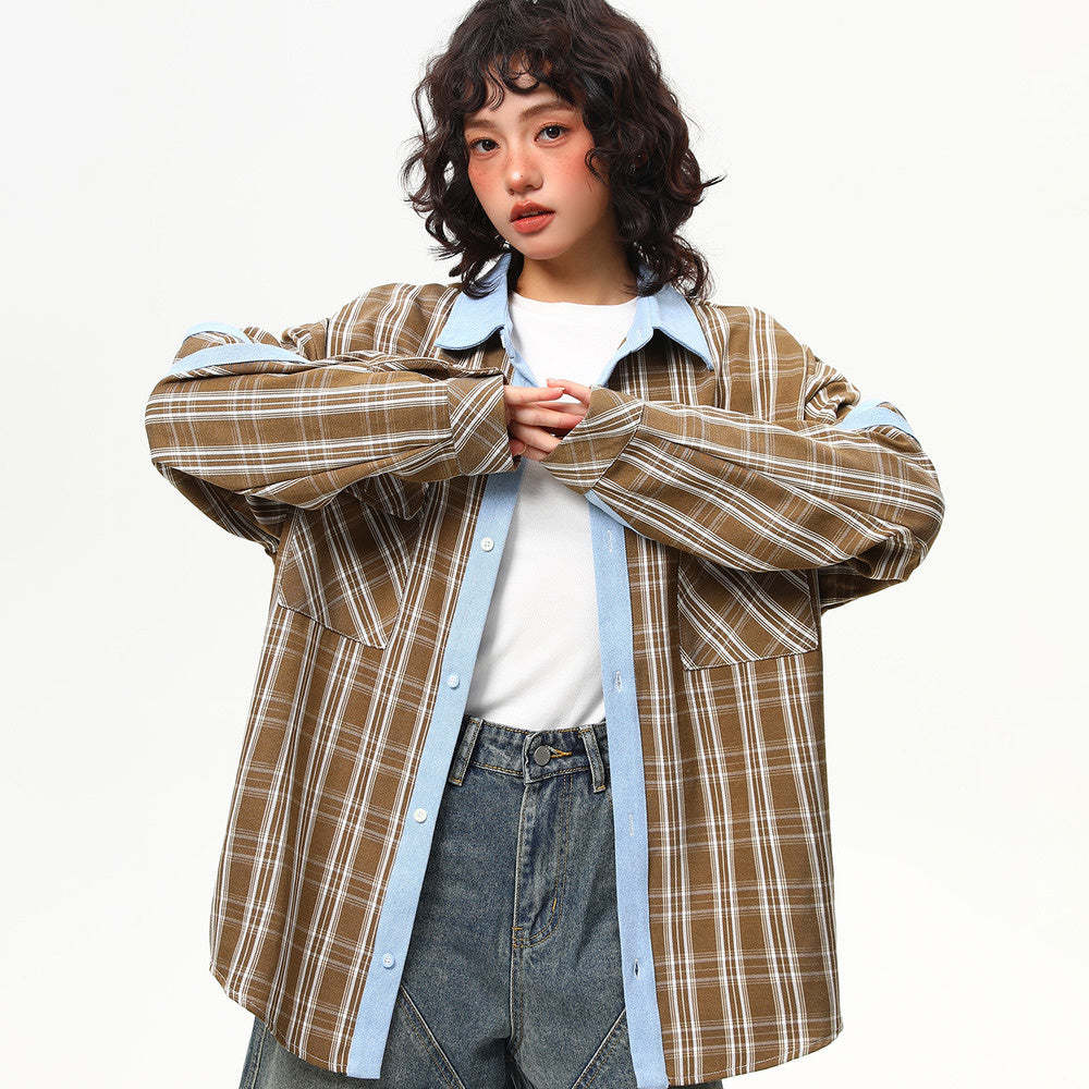 美式復古撞色格子長袖襯衫女春季寬鬆百搭格紋襯衣