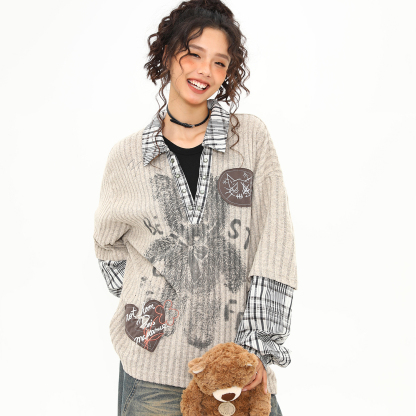 美式復古小熊圖案V領長袖T恤女秋季假兩件翻領設計感上衣