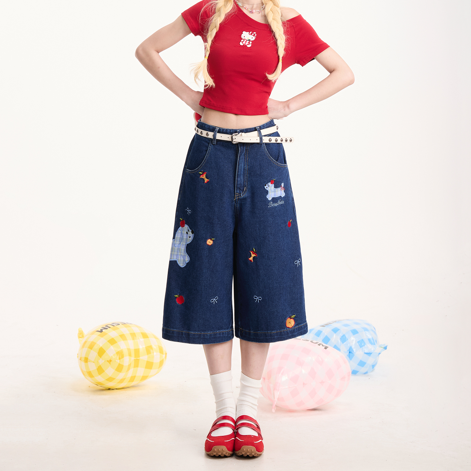 格紋小狗貼布七分牛仔褲女美式復古慵懶小眾闊腿顯瘦短褲