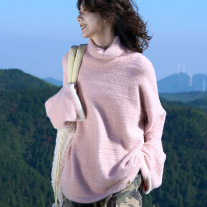 秋冬日系寬鬆多色高領仿貂毛打底疊穿毛衣