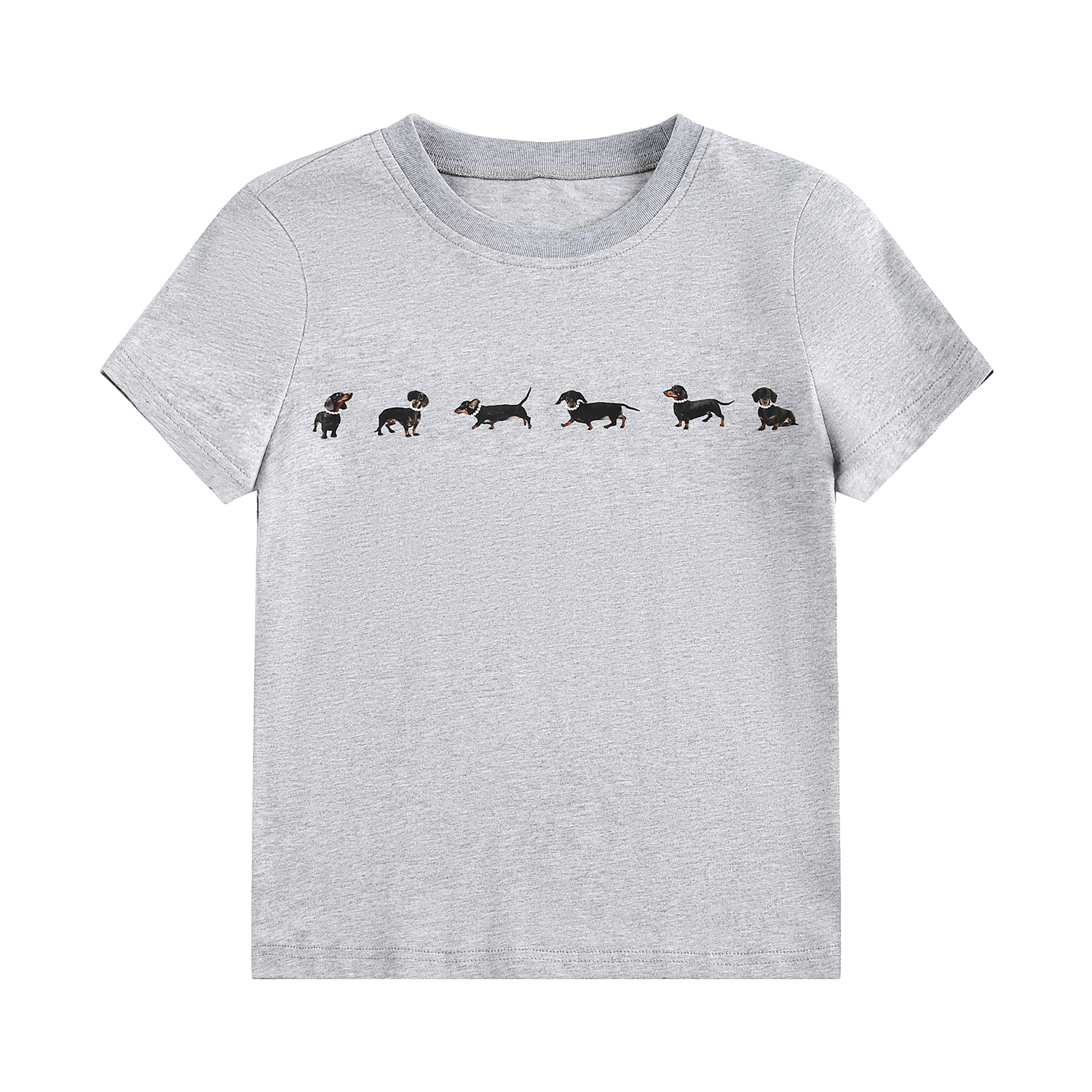 串珠臘腸狗印花純棉短袖正肩女t恤夏季短款修身上衣