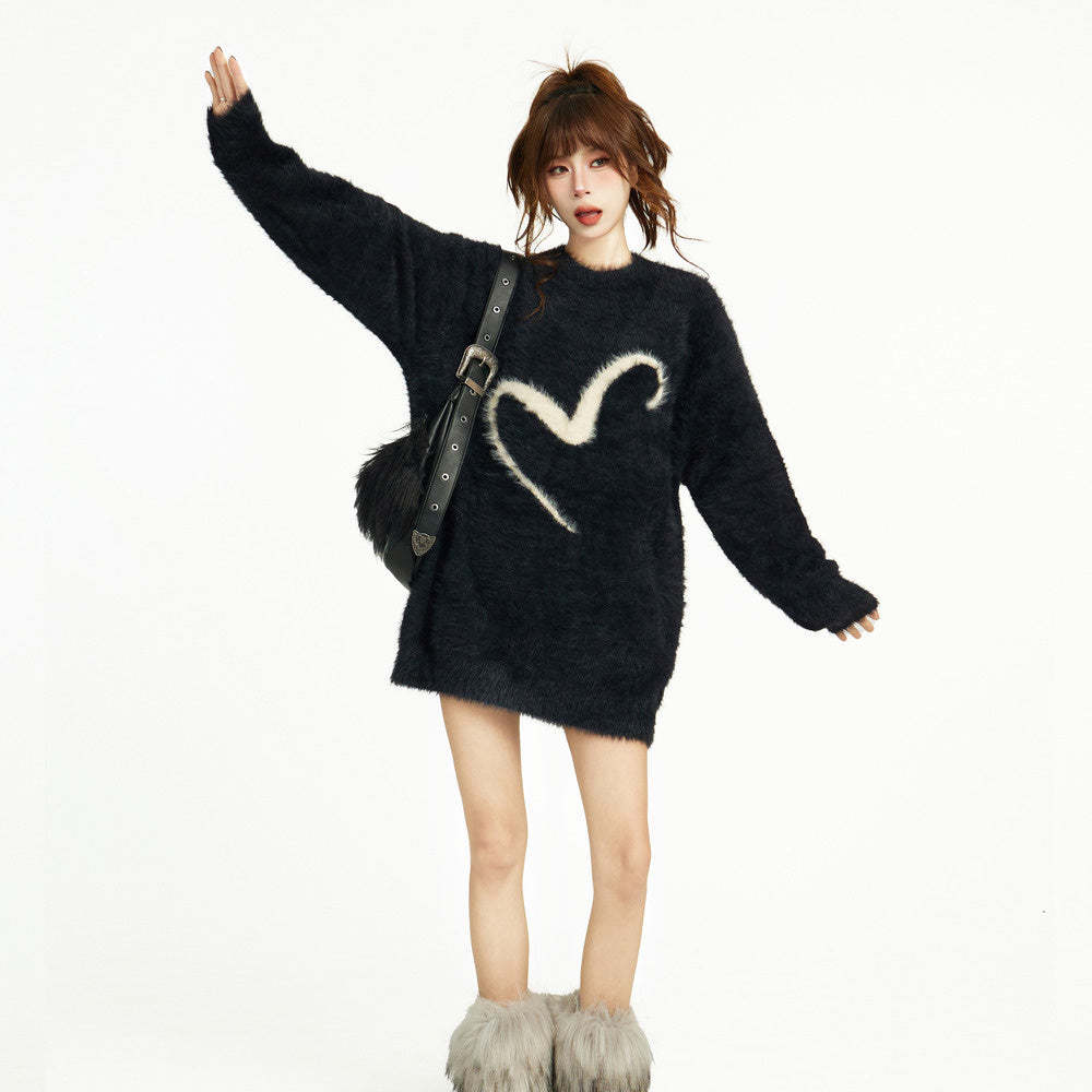 黑色套頭毛衣女秋冬冬季寬鬆慵懶風針織軟糯馬海毛加厚長款設計感