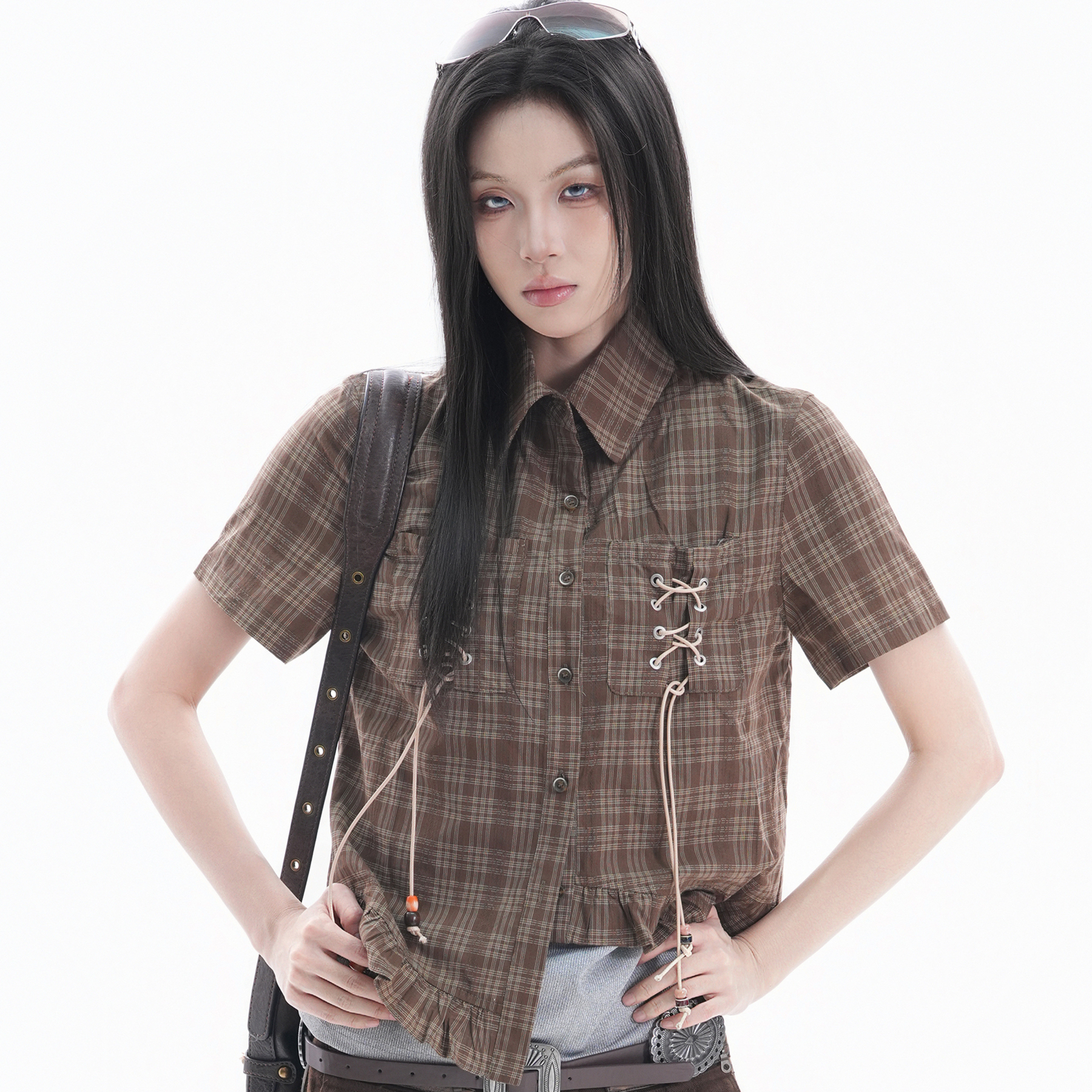 復古個性設計感綁帶短款襯衫女ins不規則木耳邊短袖