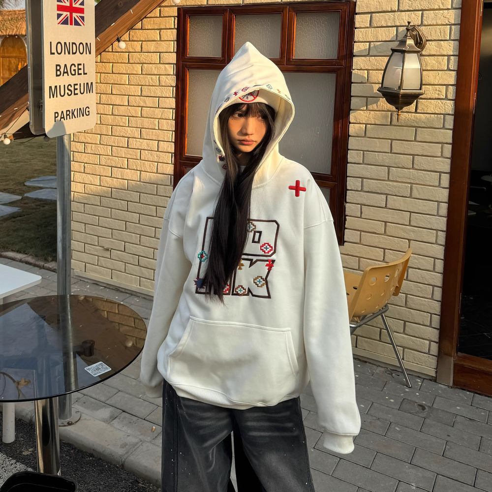 美式復古民族風刺繡字母連帽衛衣春季新款女帽衫