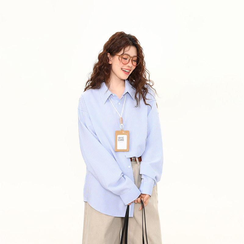 復古休閒通勤高智感長袖襯衫女寬鬆百搭慵懶早春條紋襯衣