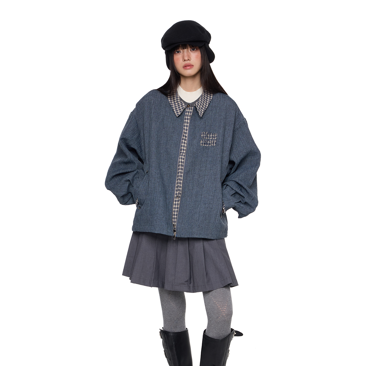 刺繡格子拼接翻領竹節布夾克外套女秋新款休閒寬鬆百搭上衣