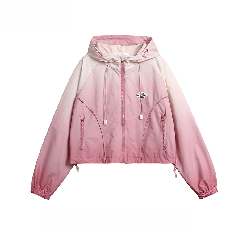 漸變設計感潮牌甜美短款外套女連帽衝鋒衣辣妹粉色短夾克