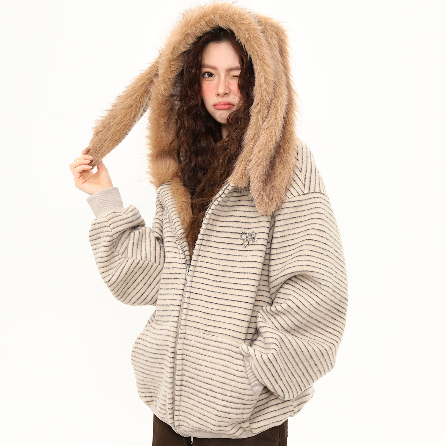 秋冬美式復古條紋兔耳加絨開衫衛衣女連帽情侶毛領厚外套