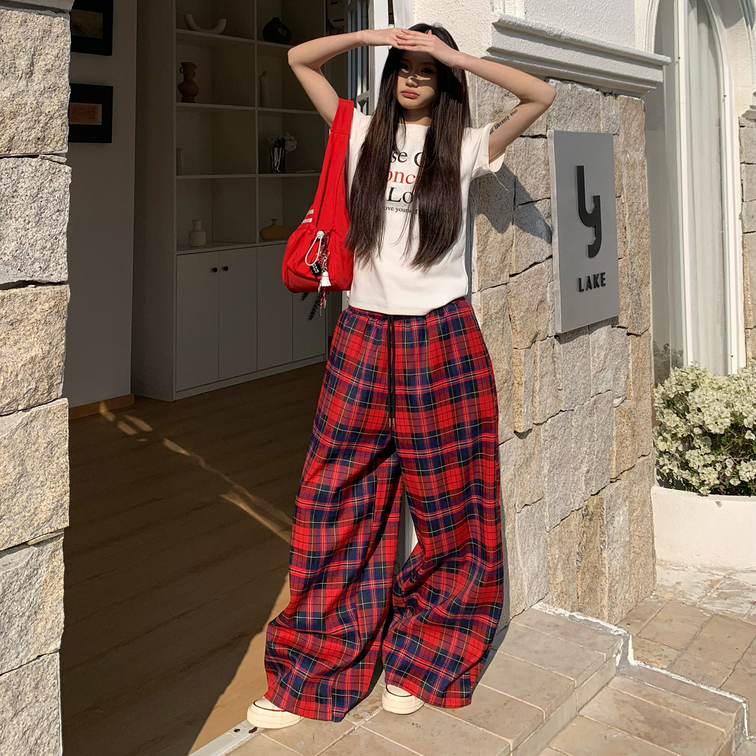 美式復古紅色格紋休閒褲子女寬鬆直筒闊腿格子褲潮流百搭