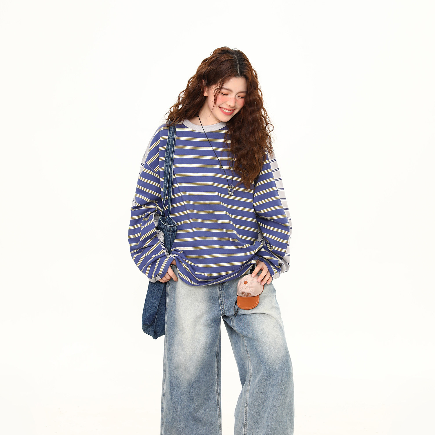 春季新款條紋拼接設計感寬鬆長袖T恤女美式復古百搭上衣
