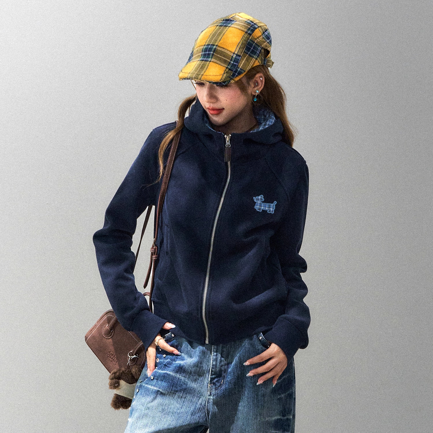 韓系慵懶格子臘腸狗連帽衛衣外套女款秋短款修身上衣