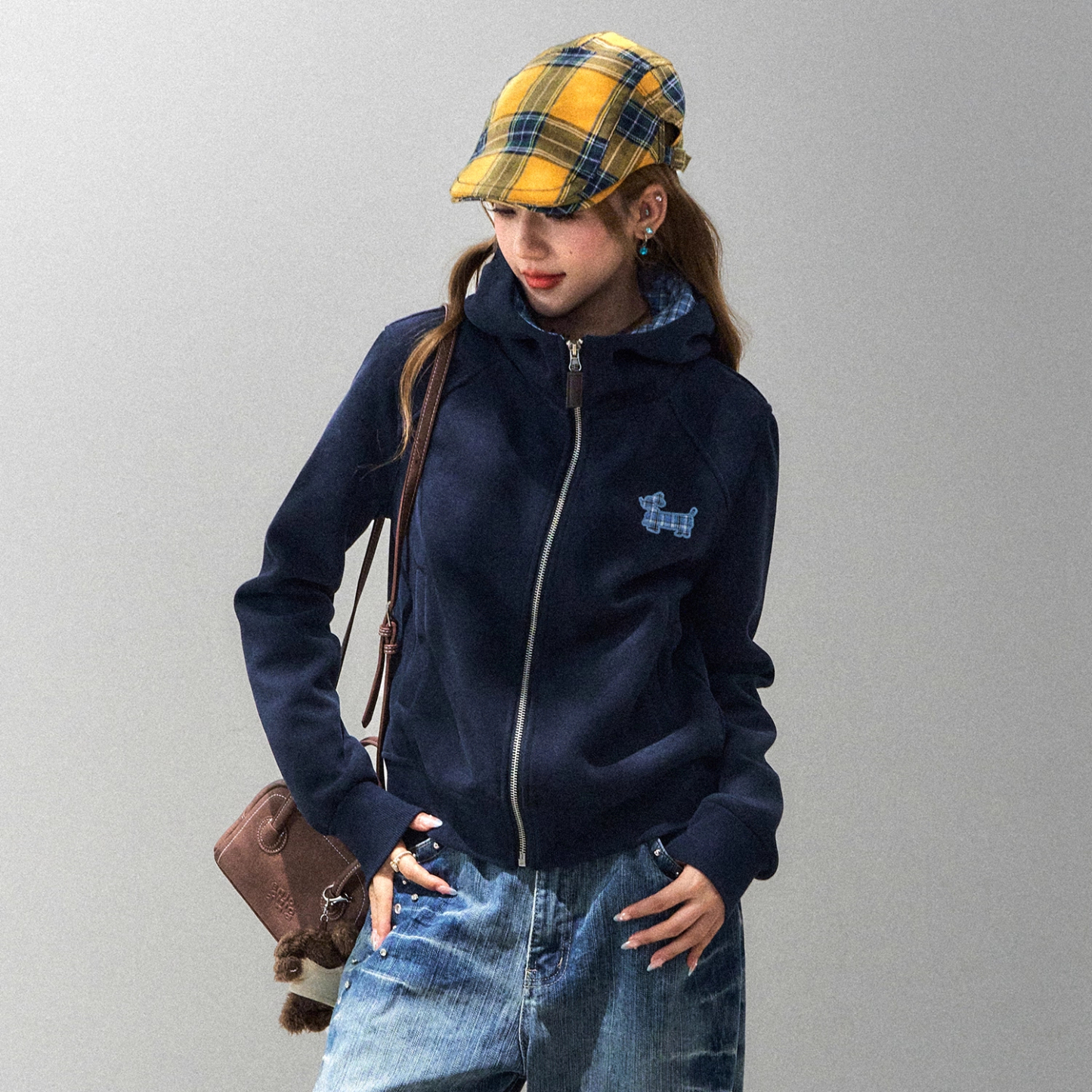 韓系慵懶格子臘腸狗連帽衛衣外套女款秋短款修身上衣