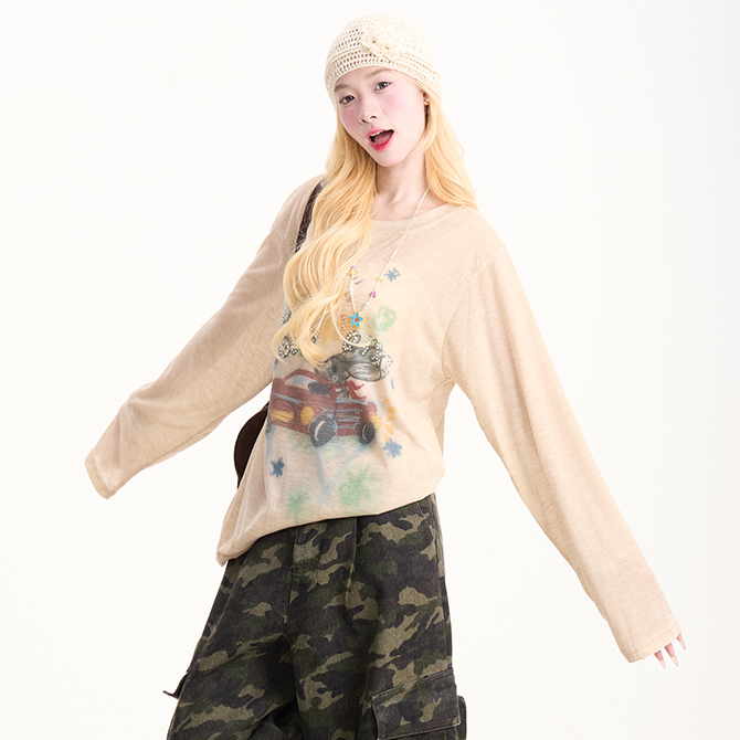 塗鴉印花薄款長袖T恤女新款慵懶微透夏季防曬休閒罩衫上衣
