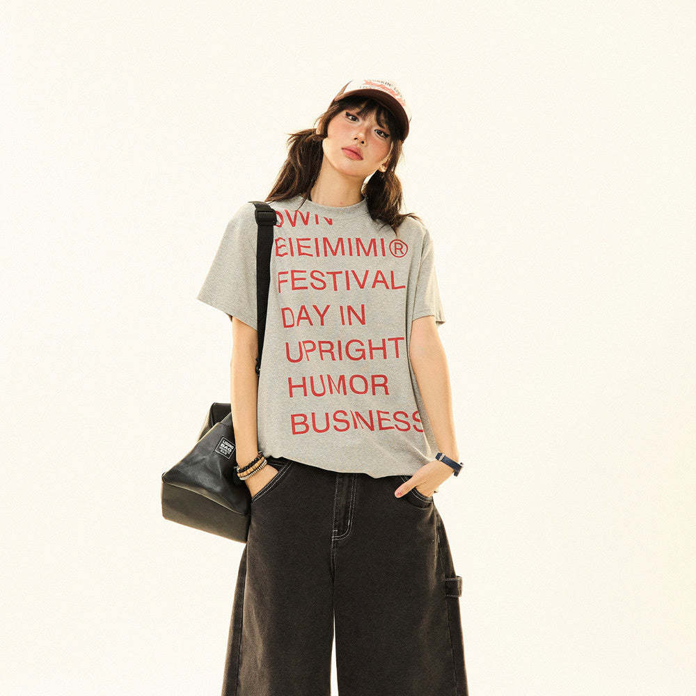 美式設計感標語印花cleanfit短袖t恤女夏純棉正肩上衣