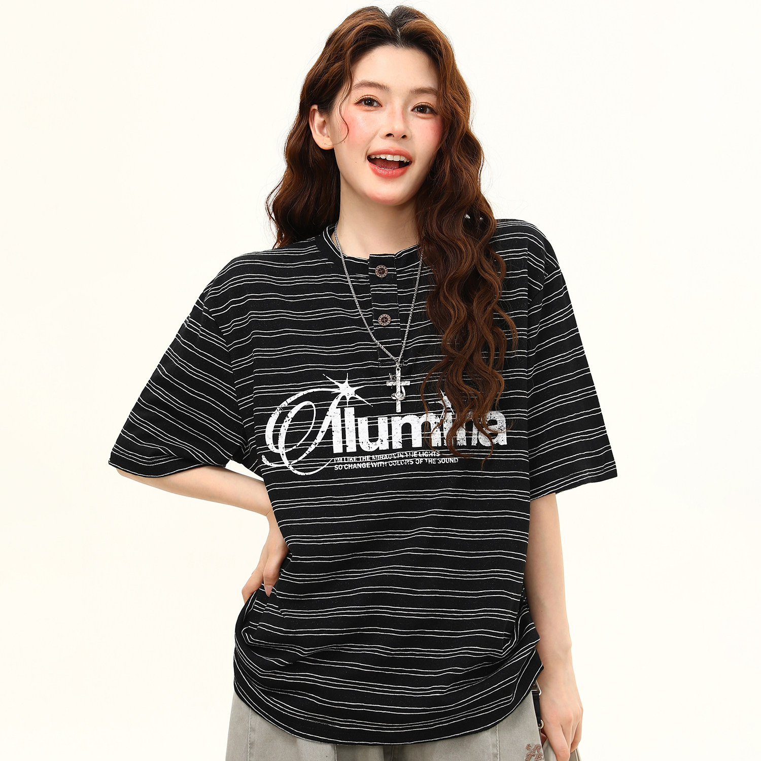 美式復古亨利領條紋短袖T恤女夏季寬鬆學院風黑白條紋tee