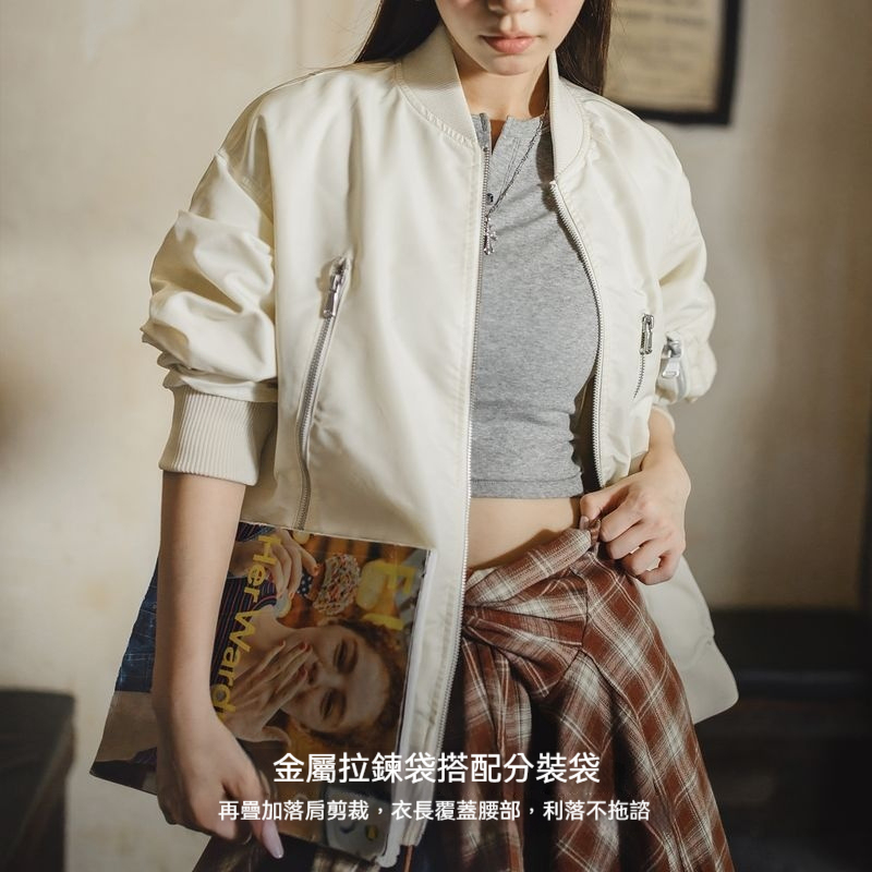 美式復古白色寬鬆棒球服立領飛行員工裝夾克休閒外套上衣女秋