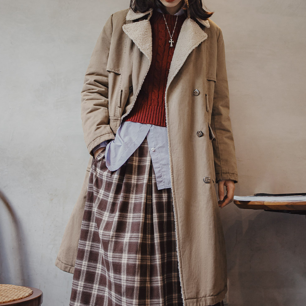中長款雙排扣收腰戰壕風衣仿羊羔毛大衣棉服加厚外套女士秋冬