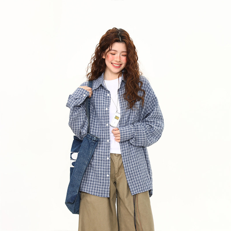 泡泡紗藍色格紋高級感長袖襯衫女春夏慵懶外穿格子襯衣女