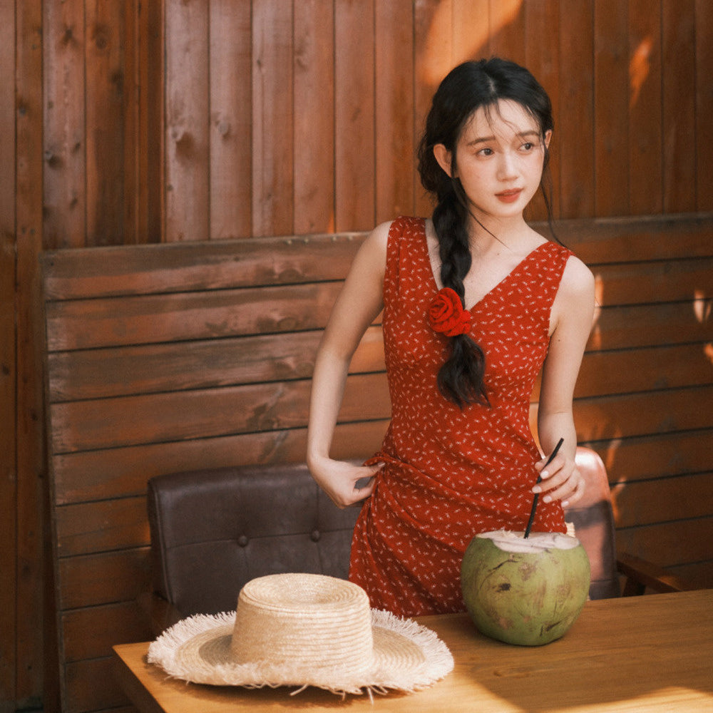 法式復古紅裙修身顯瘦海邊度假氣質碎花V領無袖連衣裙夏