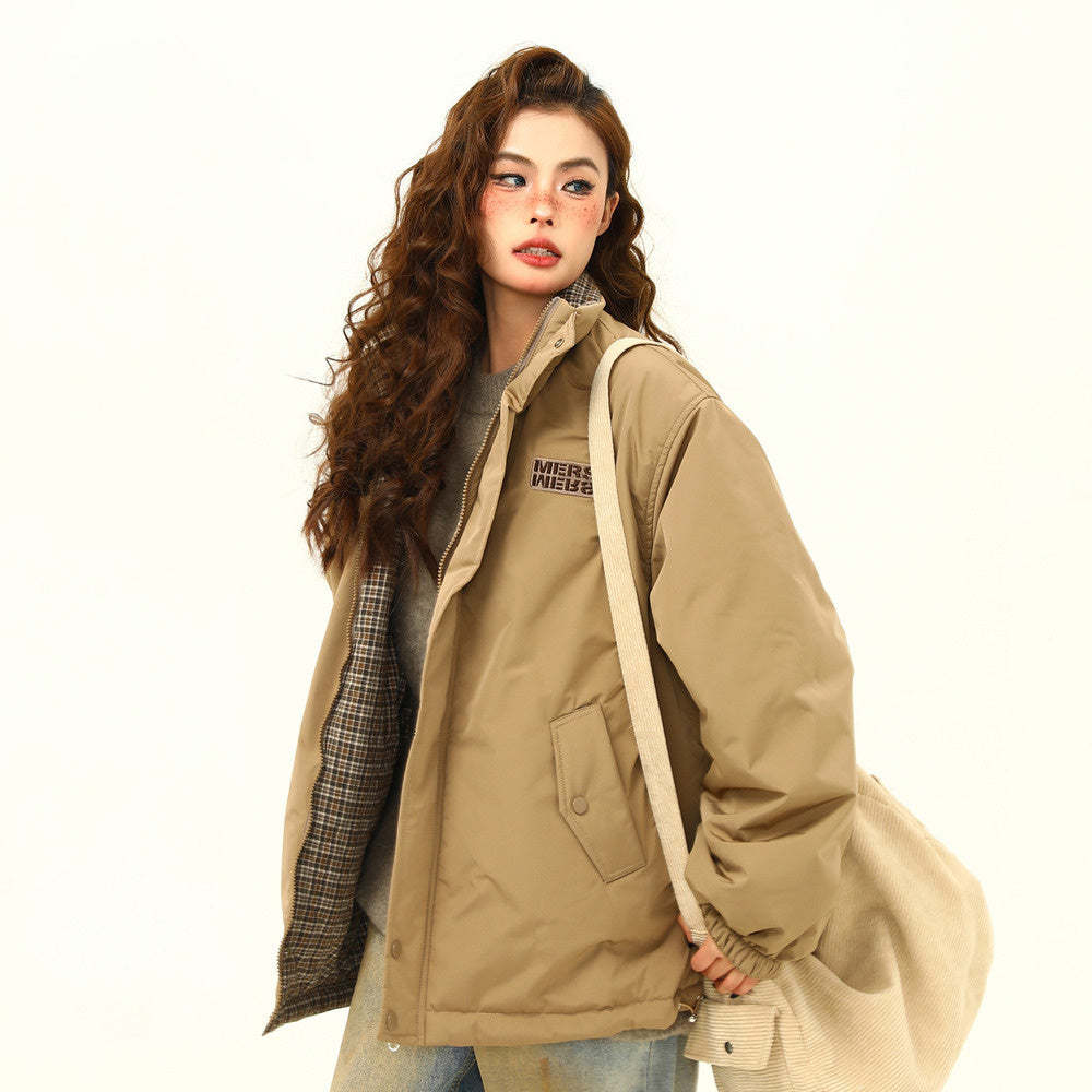 美式復古雙面穿格子棉服外套女冬季小眾設計潮牌保暖棉衣