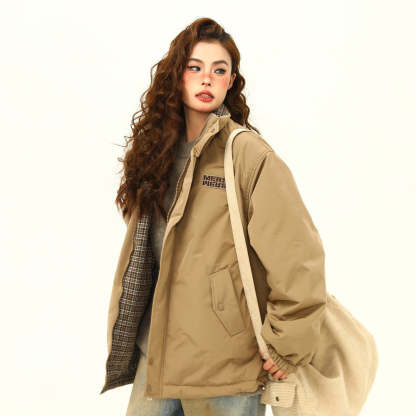 美式復古雙面穿格子棉服外套女冬季小眾設計潮牌保暖棉衣