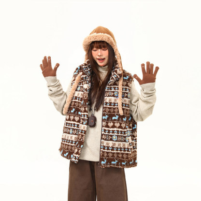 美式復古費爾島羊羔毛馬甲棉服外套女冬季新款氛圍感棉衣