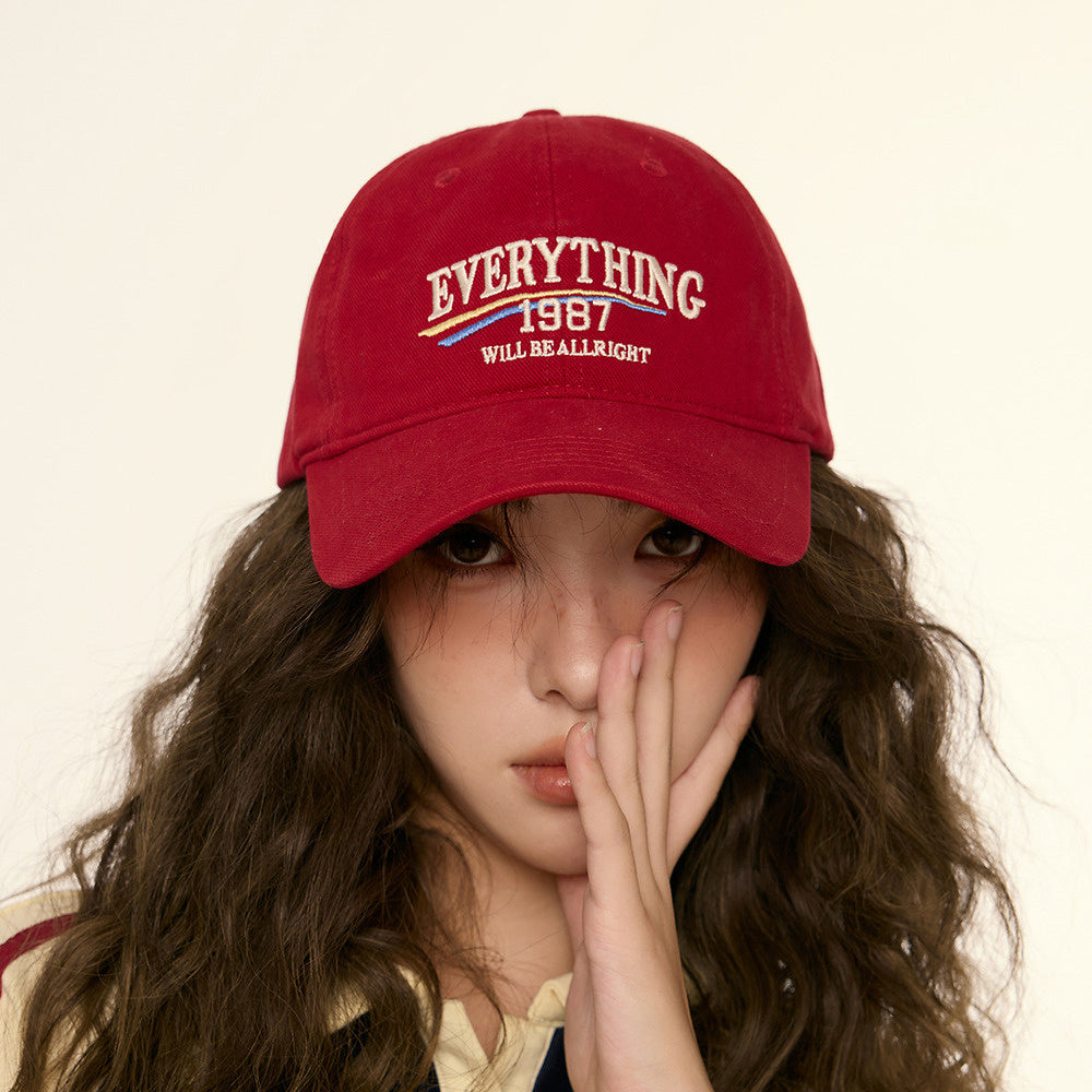 美式復古顯白酒紅色鴨舌帽子女顯臉小街頭休閒寬彎簷深頂棒球帽