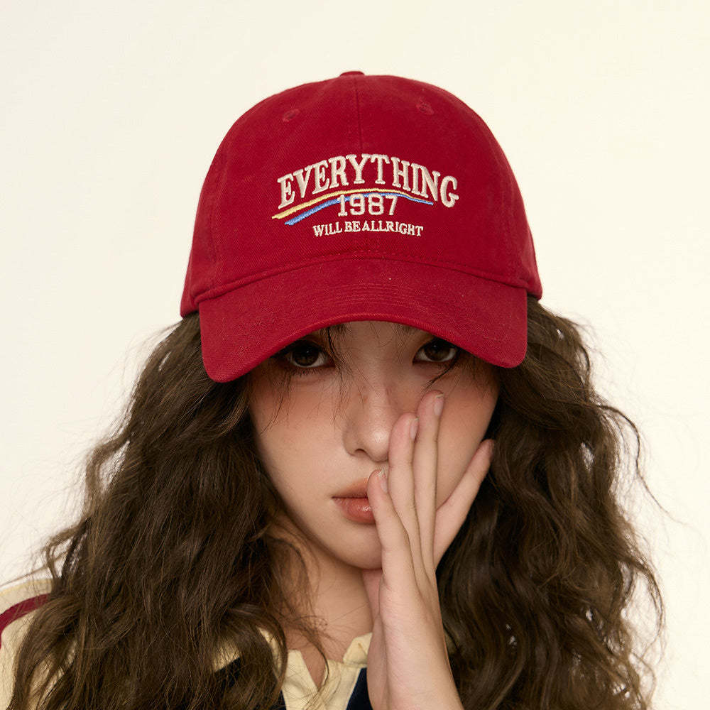 美式復古顯白酒紅色鴨舌帽子女顯臉小街頭休閒寬彎簷深頂棒球帽