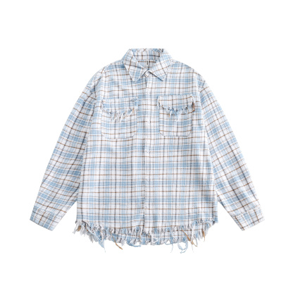 美式復古毛邊格子襯衫女設計感小眾寬鬆休閒襯衣女秋